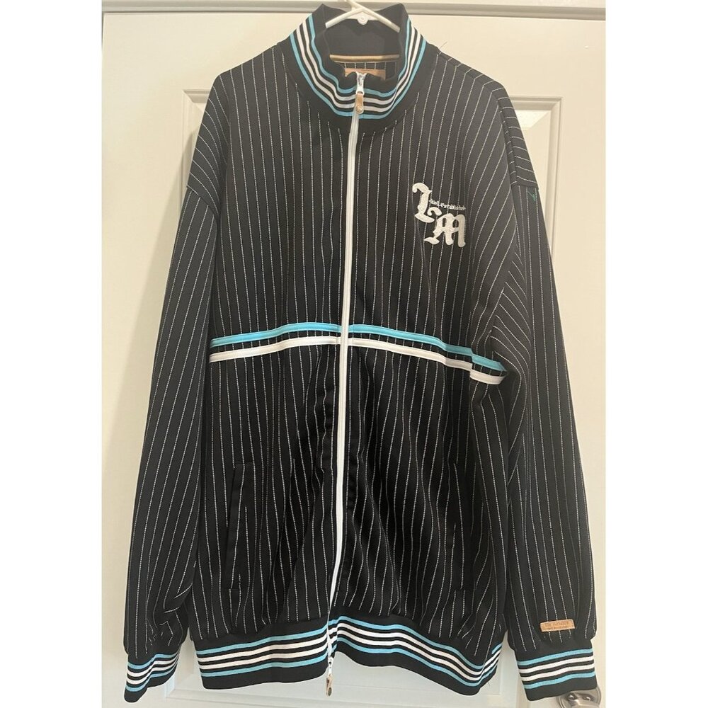 Vintage Y2k 90s Live Mechanics Black White Blue Stripe Full Zip Jacket Size 3XL